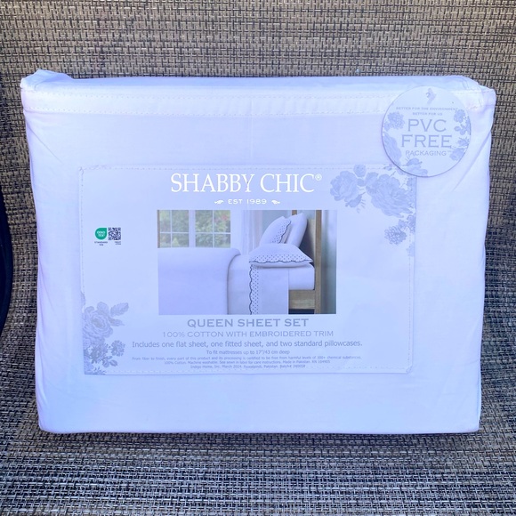 Shabby Chic White Cotton Embroidered Scallop Dot Navy Blue QUEEN Sheet Set 4pc - Picture 5 of 9